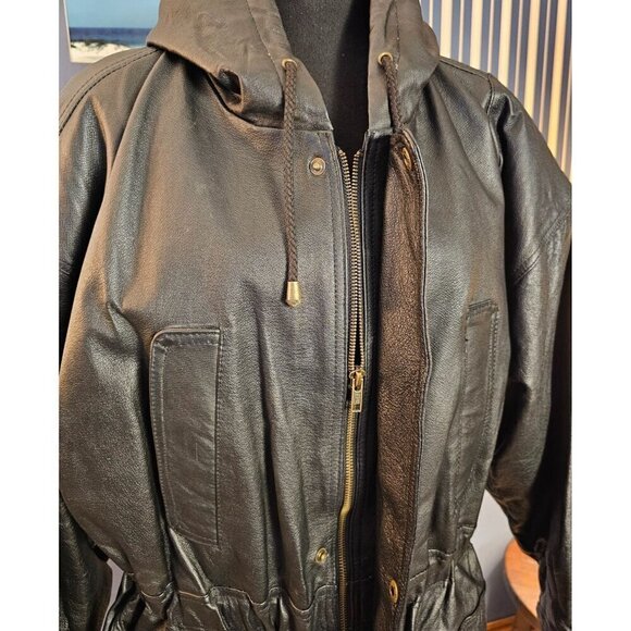 Vintage Comint Black Heavyweight Polyfill Hooded Leather Coat Drawstring Waist L - Picture 4 of 8